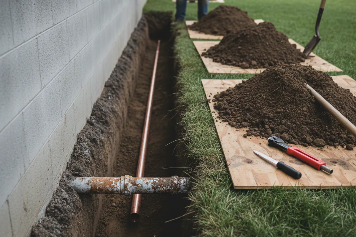 Excavated water line trench during Water Softener Installation in Ridley Park